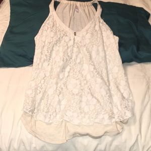 cream lace tank top with 2 brown buttons